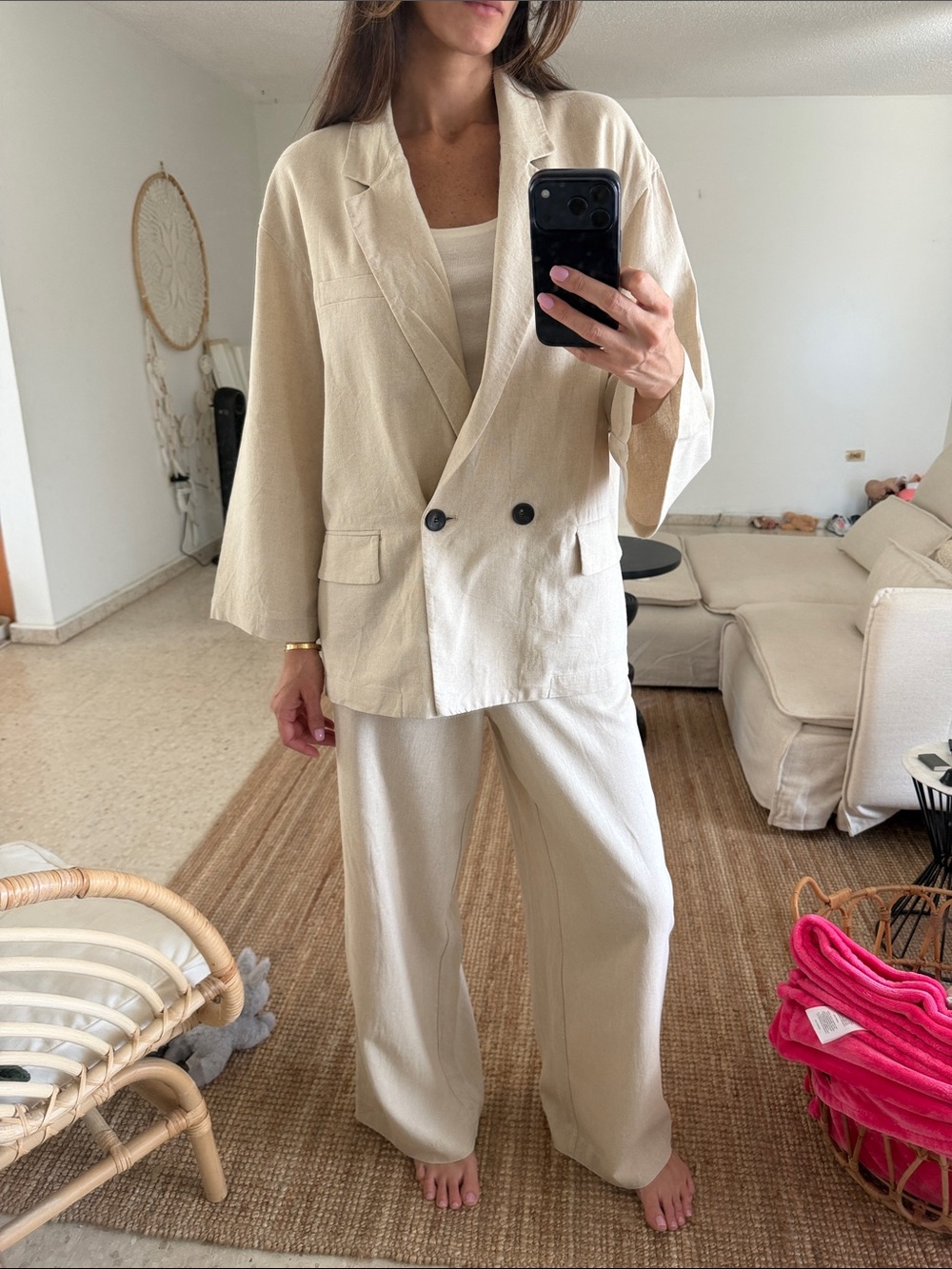 Women's Cream Wide-Leg Linen Blend Pants and Blazer